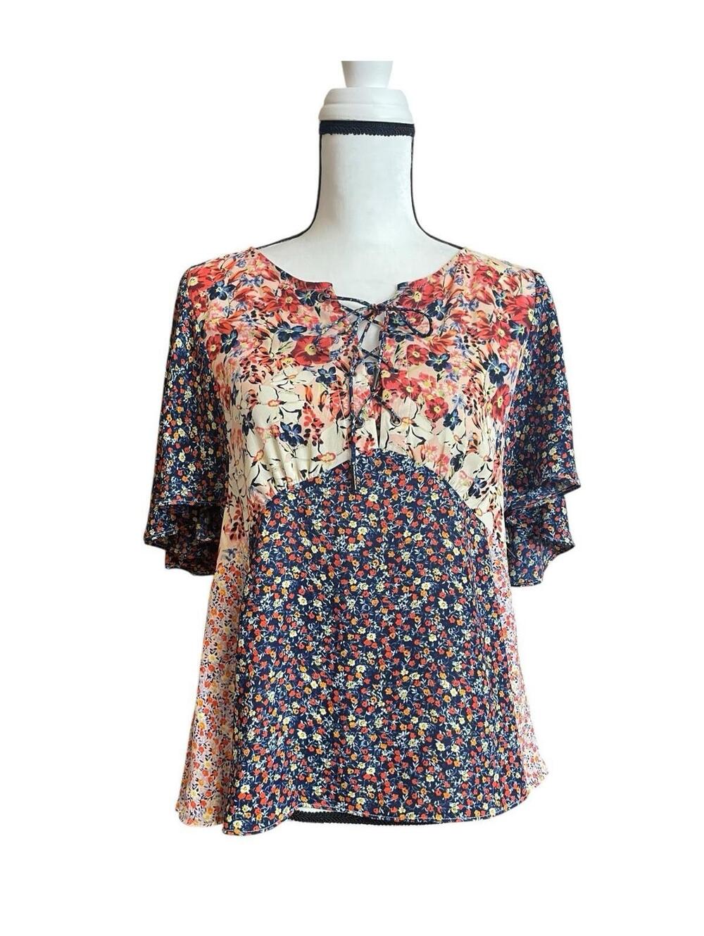 Anthropologie HD in Paris Blouse Women’s 8 Floral Patchwork Palo Alto Lace-Up
